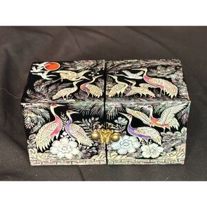 Vintage Lacquer Jewelry Box Crane Inlay Double Door